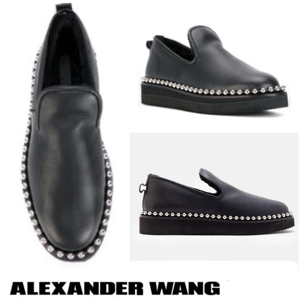 ALEXANDER WANG Tedi Black Leather Cozy Shearling Studed Slip On Loafers Sz 38.5